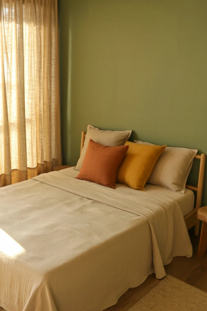 Bedroom with sage green anchor color and mixed pattern accents