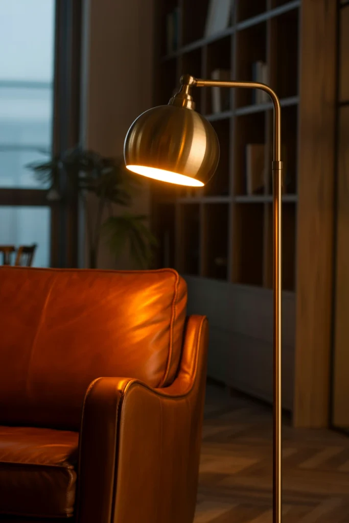 Brass floor lamp beside a leather armchair in a dark living room