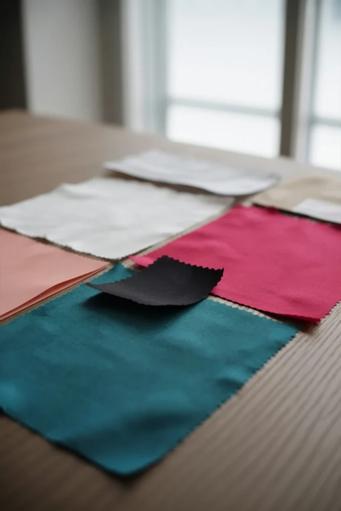 Three-color 80s palette swatches — teal, hot pink, and black — laid on fabric samples