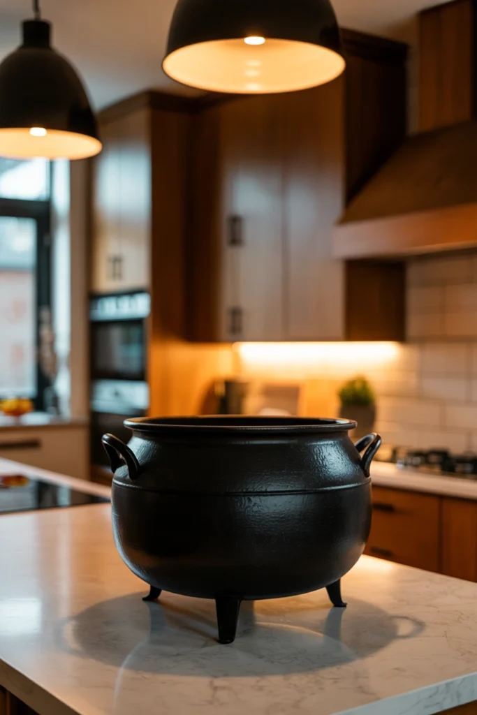 Large black cauldron used as a Halloween kitchen statement piece