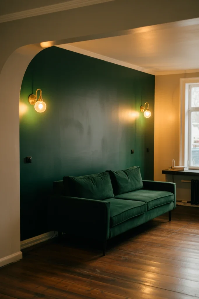 Dark forest green accent wall behind a velvet sofa