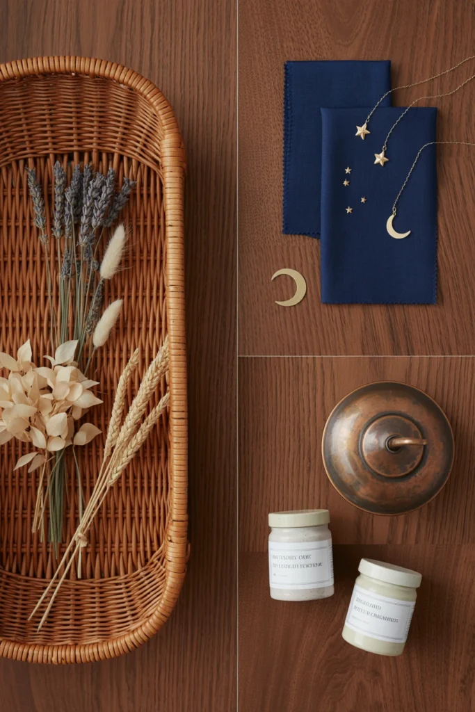 Side-by-side moodboard comparing cottage, celestial, and kitchen witch material palettes