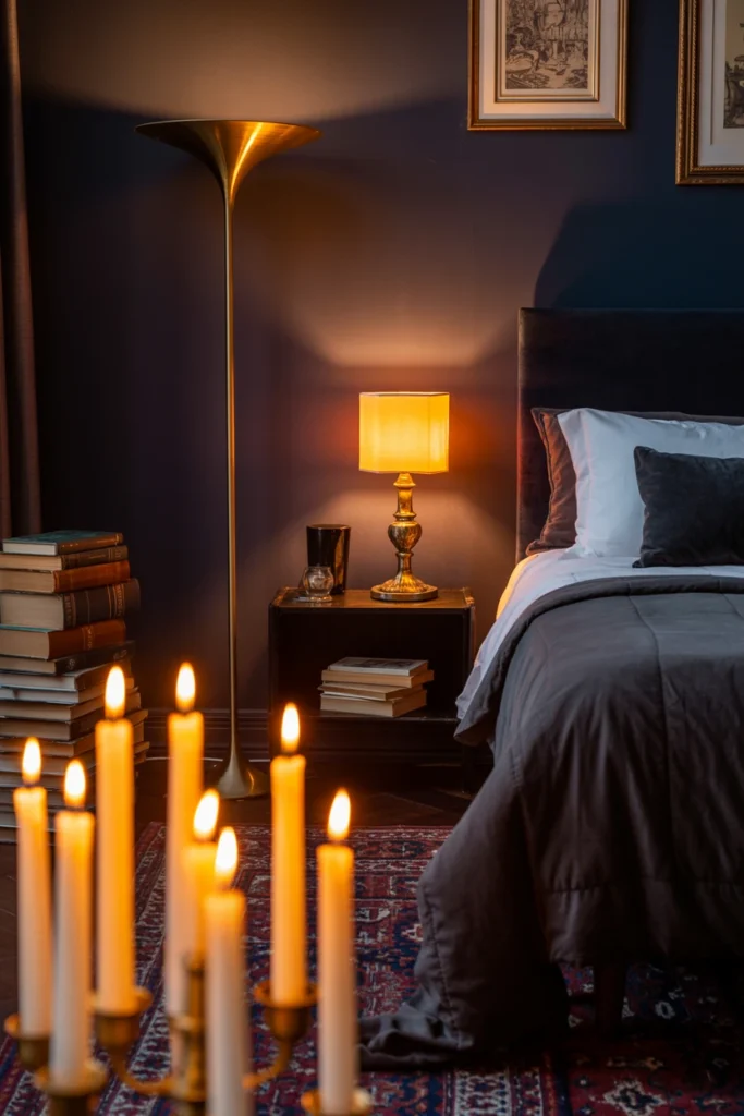 layered lamp and candle lighting setup in dark academia bedroom