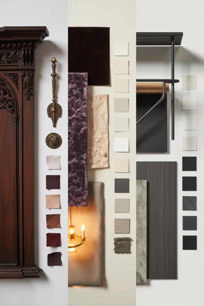 Moodboard comparing Victorian, romantic, and modern gothic bedroom styles