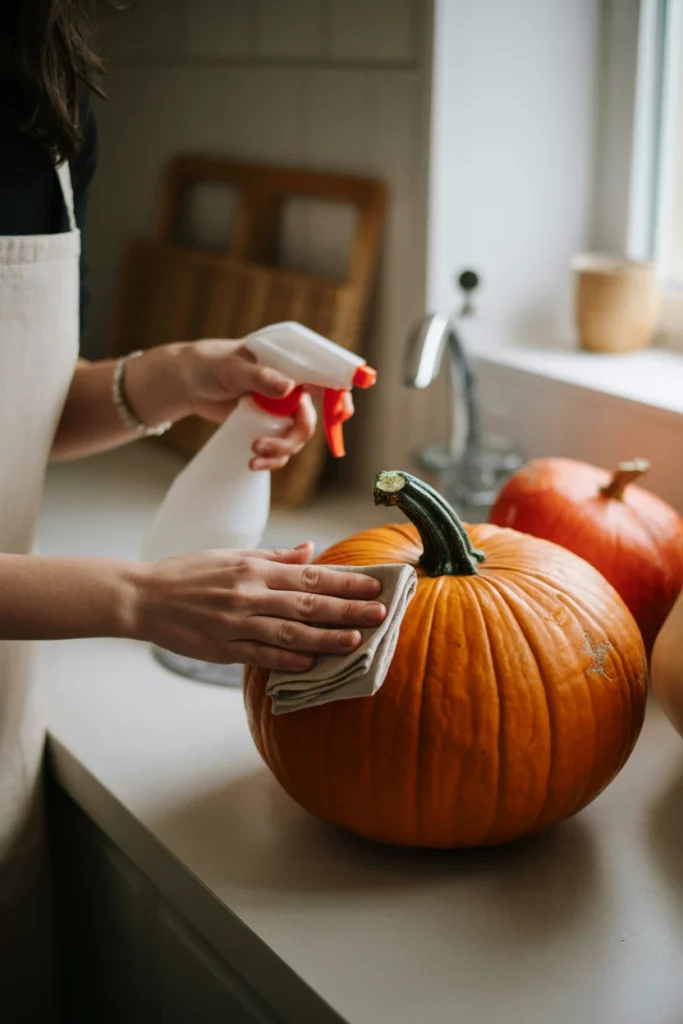 Fresh pumpkins being checked and wiped down on kitchen counter