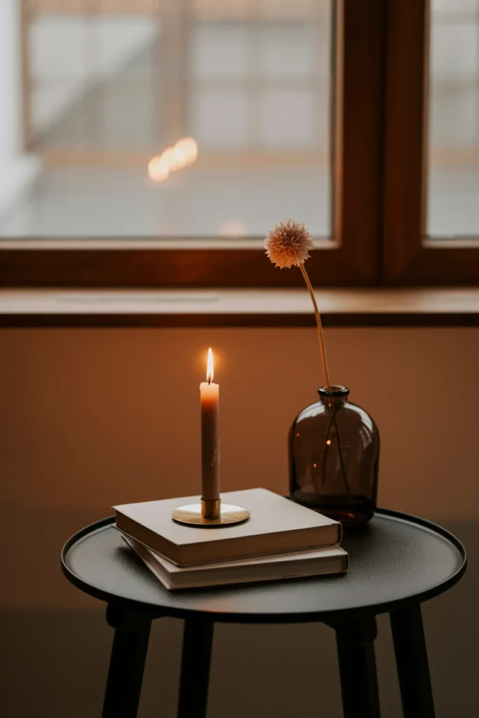 Small vignette with candle, book, and dried flower on a side table