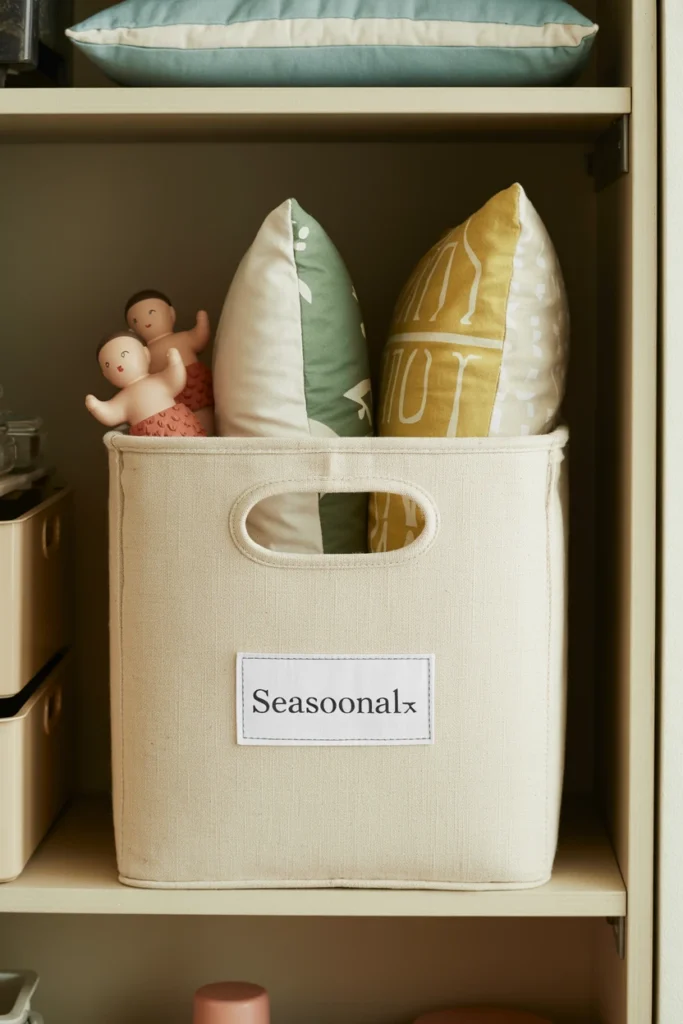 Labeled storage bin of seasonal decor items for rotation