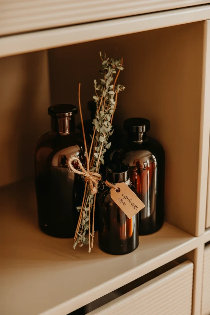 Apothecary bottle display with dried herbs on dresser corner