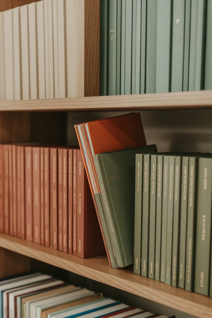 Bookshelf styled with color-blocked spines in gradient arrangement