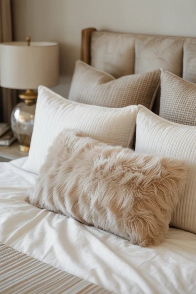 Arrange Faux Fur Throw Pillows on the Bed