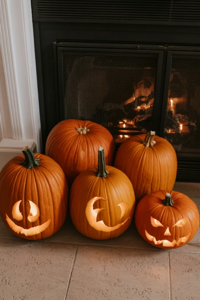 Arrange a Cluster of Carved Pumpkins by the Hearth