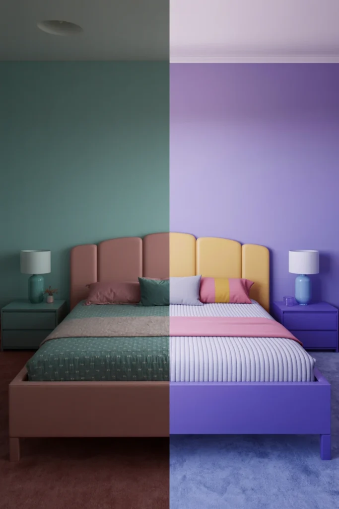 Two versions of the same 80s bedroom with different accent color palettes side by side