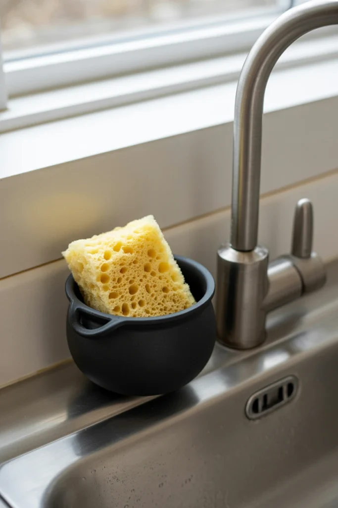 Small black cauldron bowl holding sponges near a kitchen sink