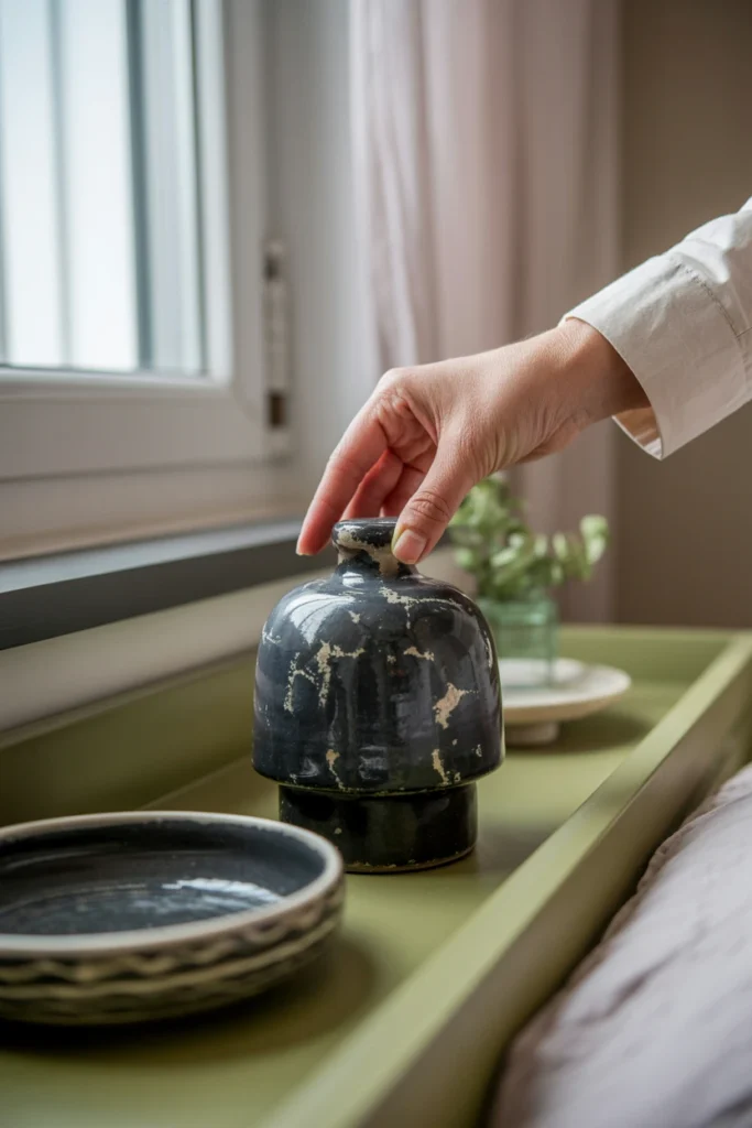 Hand removing a faded decorative object from a shelf