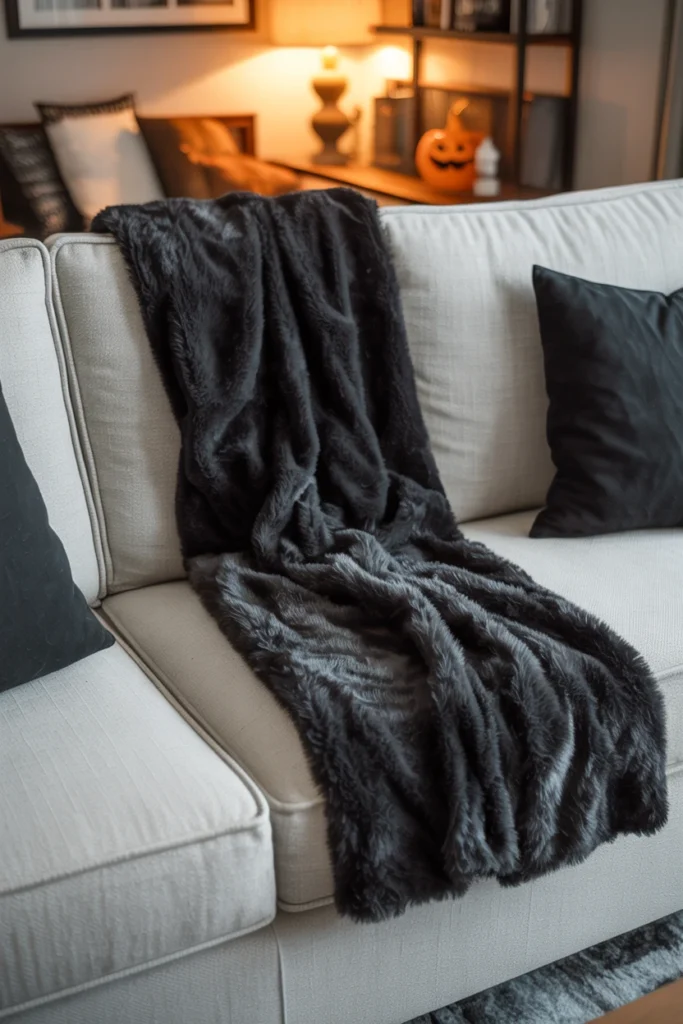  A light grey sofa with a black faux fur throw draped casually and diagonally across one arm and the opposite seat cushion
