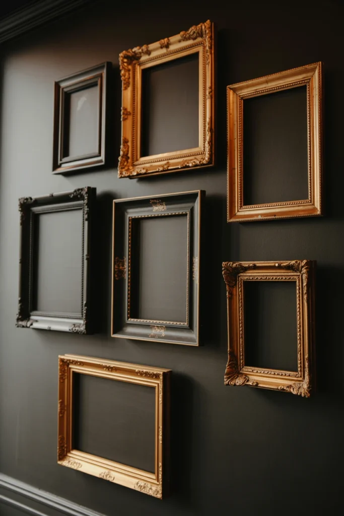 Gallery wall of ornate gold and black vintage frames