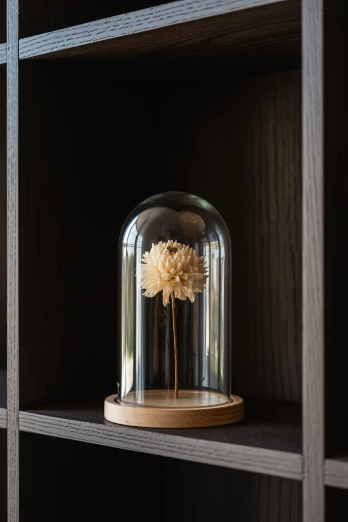 Preserved flower under a glass cloche dome on a dark wood shelf