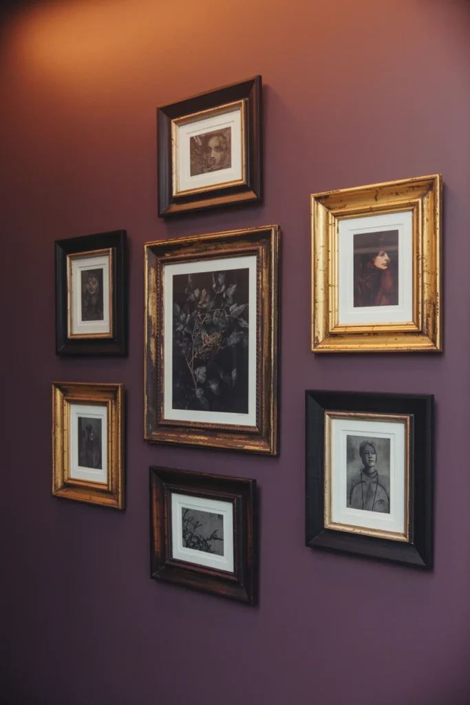dark botanical and portrait gallery wall in gold frames