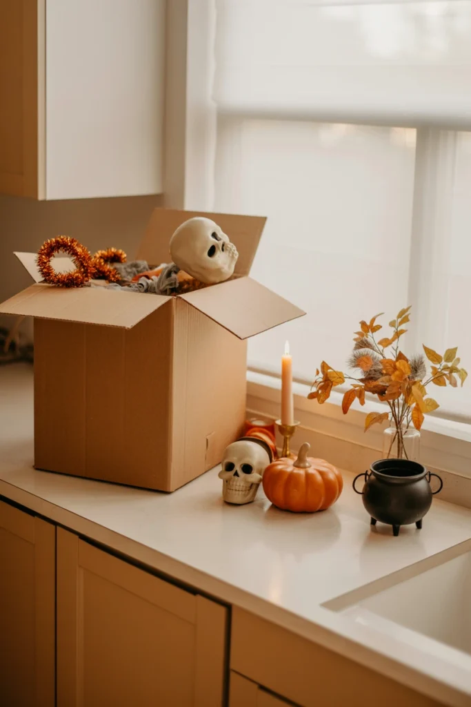 Halloween decor being removed in stages from kitchen counter