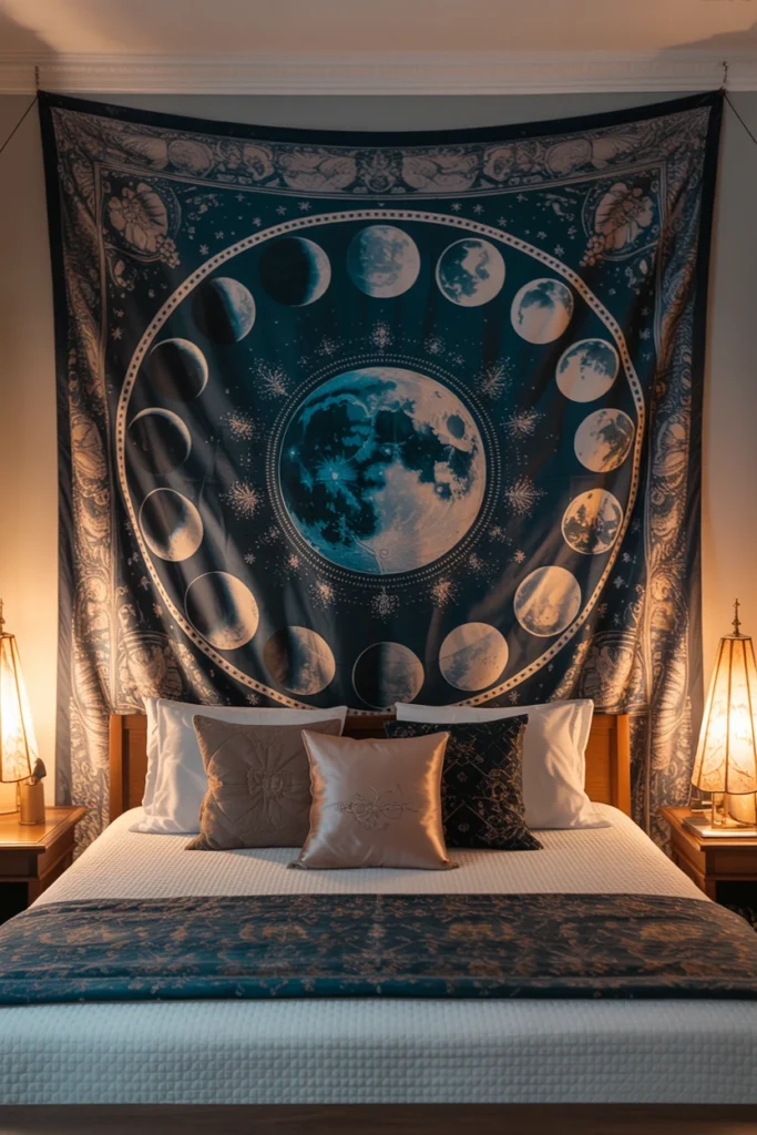 Celestial moon phase tapestry hung behind whimsigoth bed