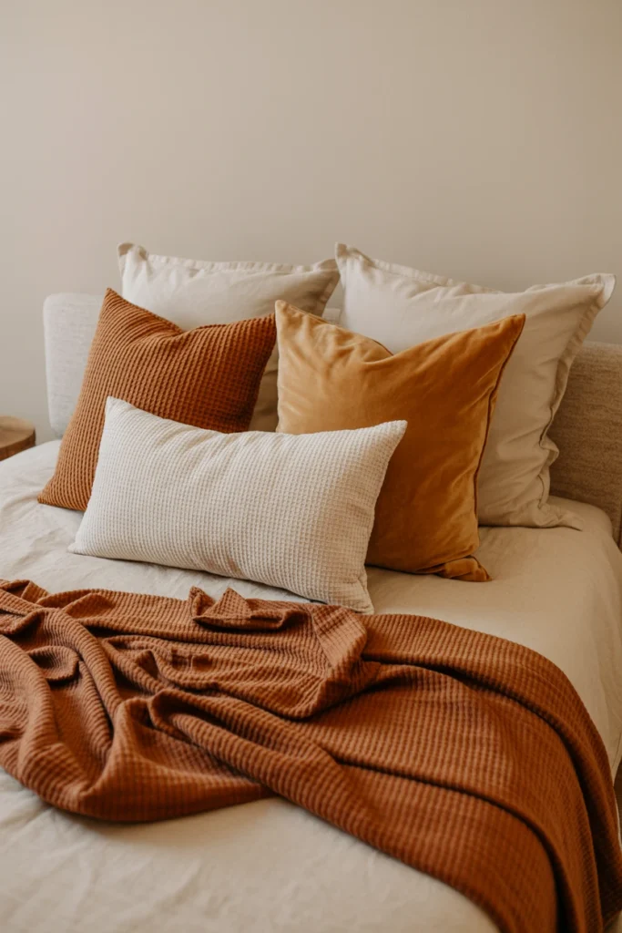 Seasonal accent pillows and throw swapped for autumn color palette