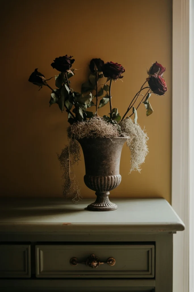 Arrange dried Spanish moss or dark florals in urns