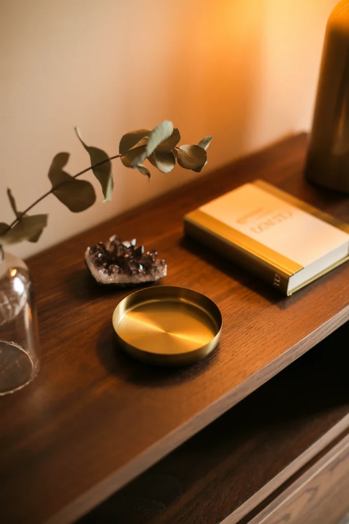 Small brass object being swapped into styled vignette