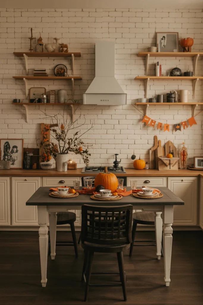 Multiple Halloween vignettes with matching height patterns across a kitchen
