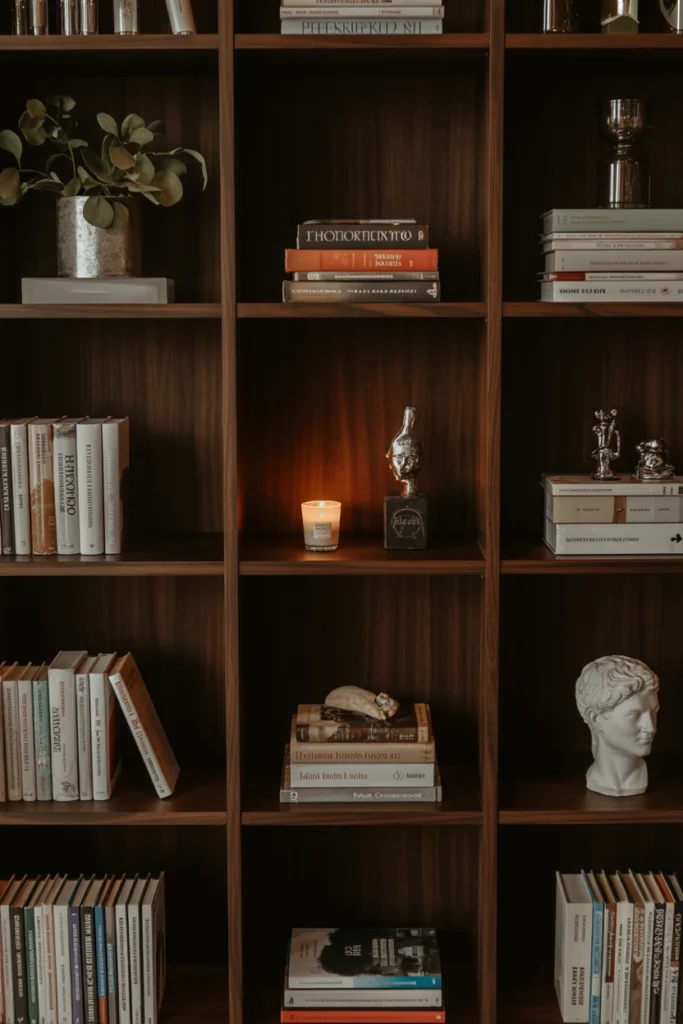 ArraBookshelf styled with vertical books, horizontal stacks, and a small vignettenge a Curated Bookshelf Vignette