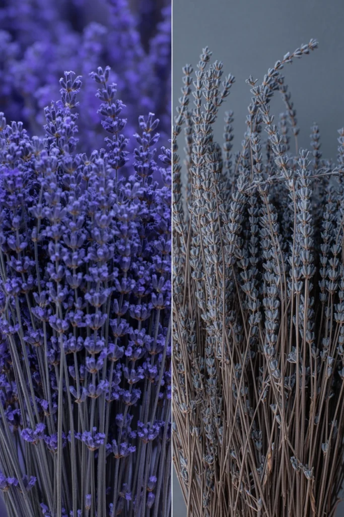  Side-by-side comparison of fresh versus faded dried lavender bundles