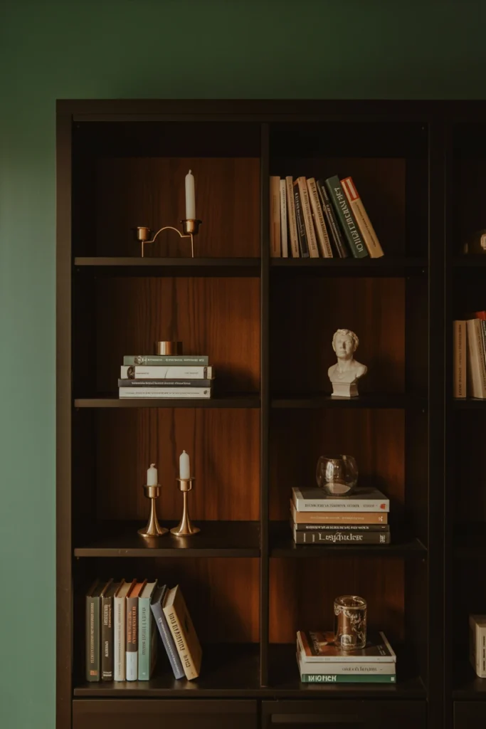 layered dark bookshelf with candlesticks and small statues