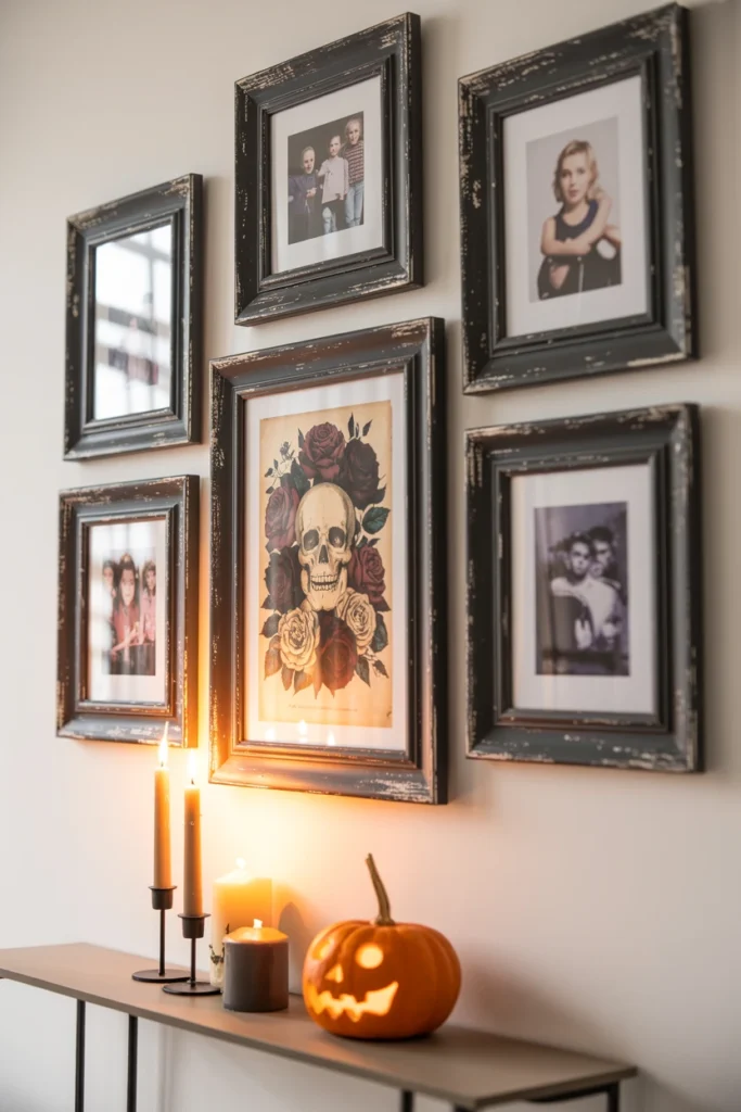 A gallery wall of family photographs and art prints in distressed black frames against a light apartment wall with halloween decor layered below