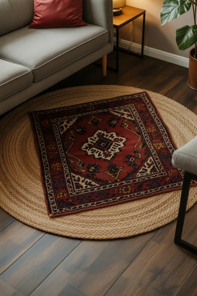 Layered jute and Persian-style rug in a whimsigoth living room