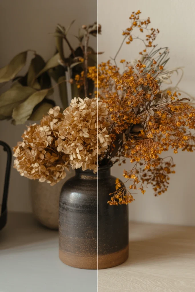 Fresh dried floral arrangement replacing faded seasonal display