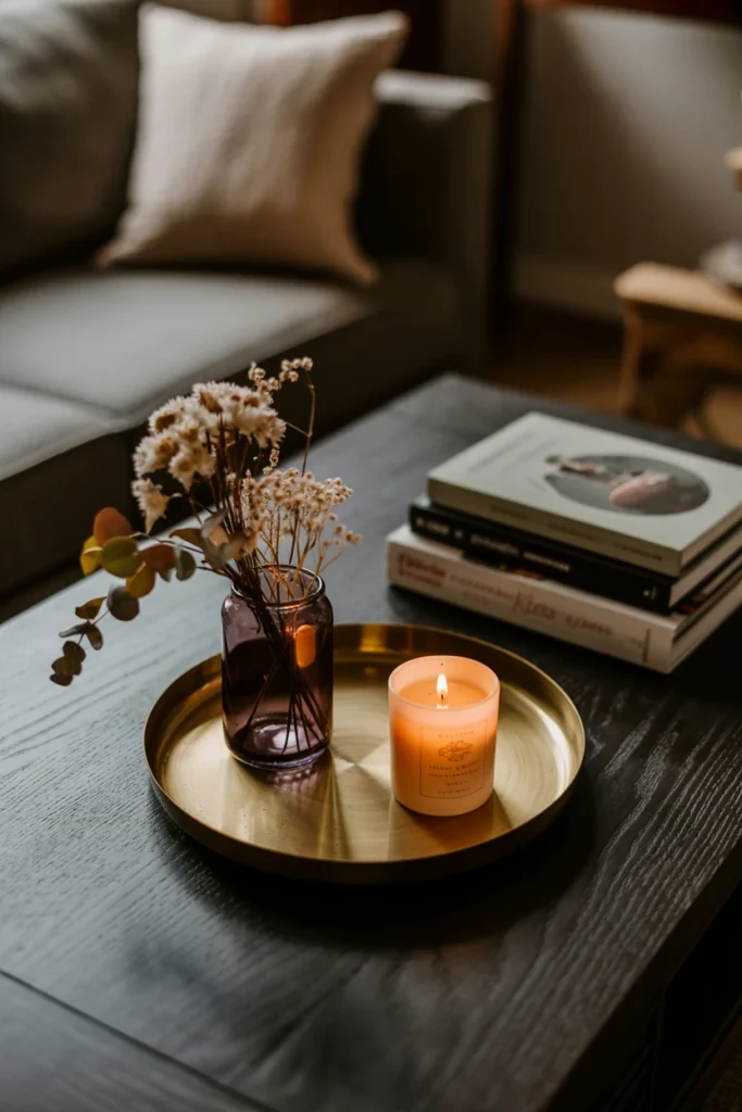 Coffee table styled with a dark wood tray, candle, and small book stack