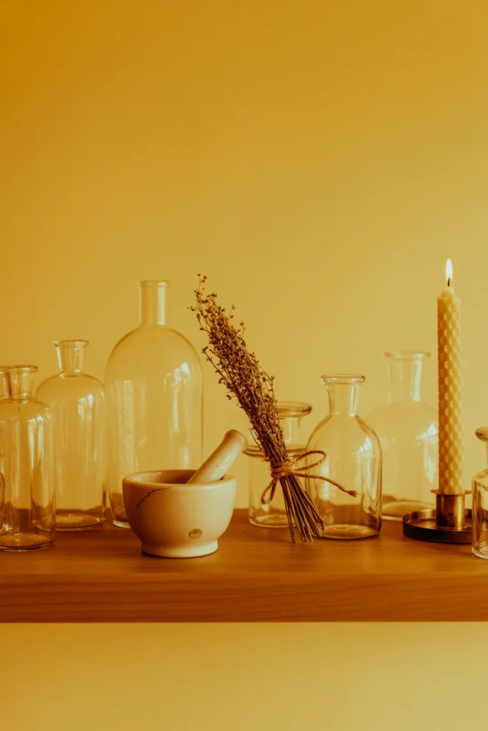 Well-edited apothecary shelf with visible negative space between objects