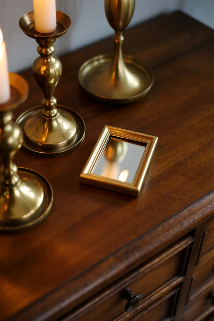 Antique brass candlesticks and gold picture frames on a dark dresser