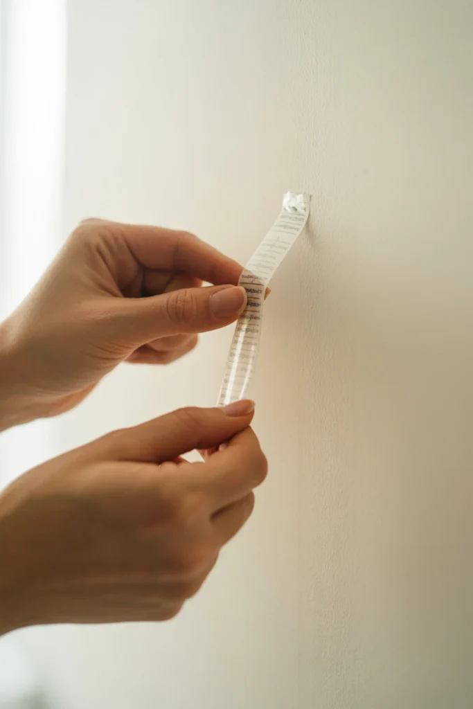 A close-up of hands slowly pulling a command strip release tab at a 45-degree downward angle from a white apartment wall