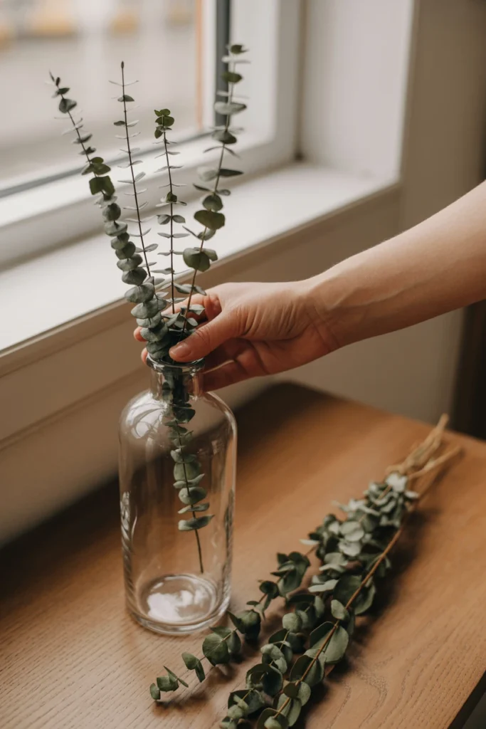 Fresh dried eucalyptus replacing faded stems in a vase