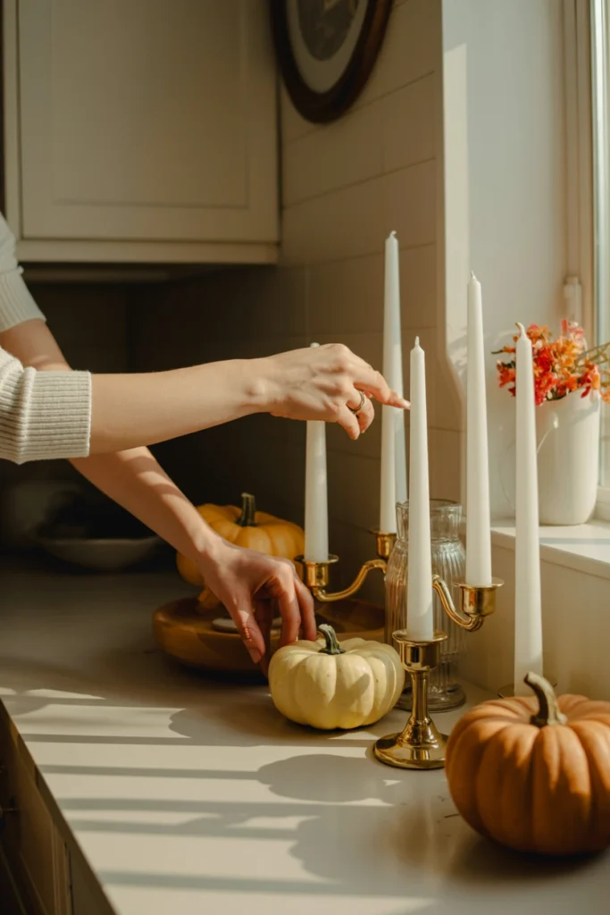 Person straightening a Halloween kitchen vignette during a weekly reset