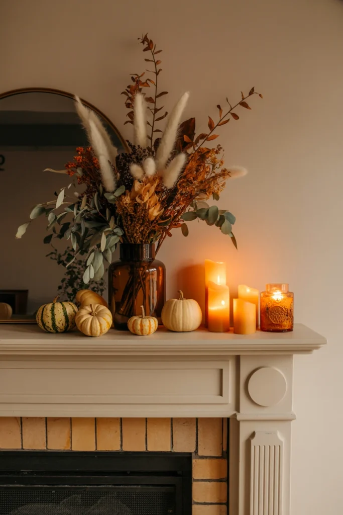 Autumn-themed dried botanicals swapped onto a mantel display