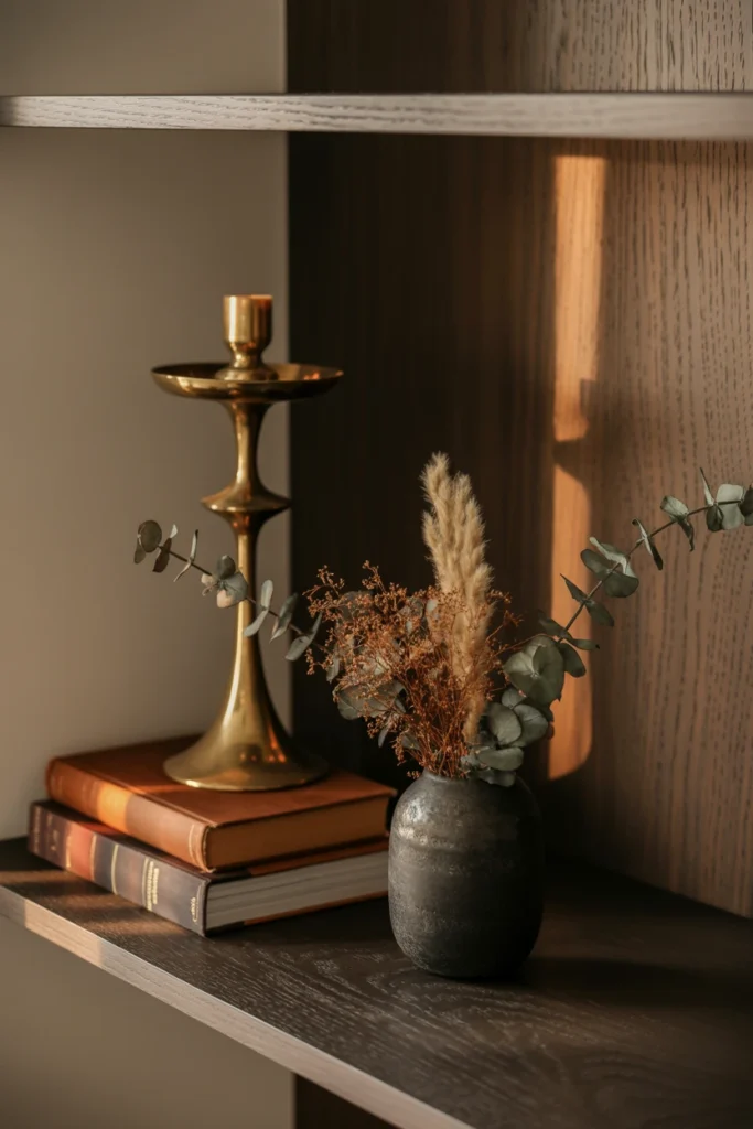 Curated gothic curiosity shelf with candlesticks, books, and dried flowers