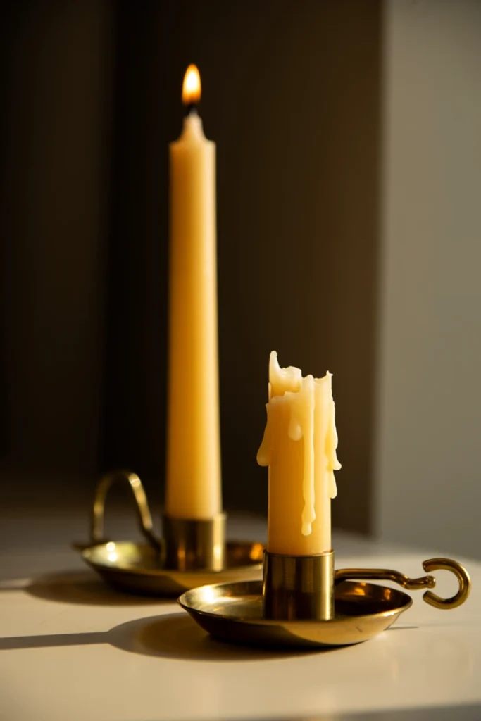 Fresh taper candles replacing melted stubs in brass holders