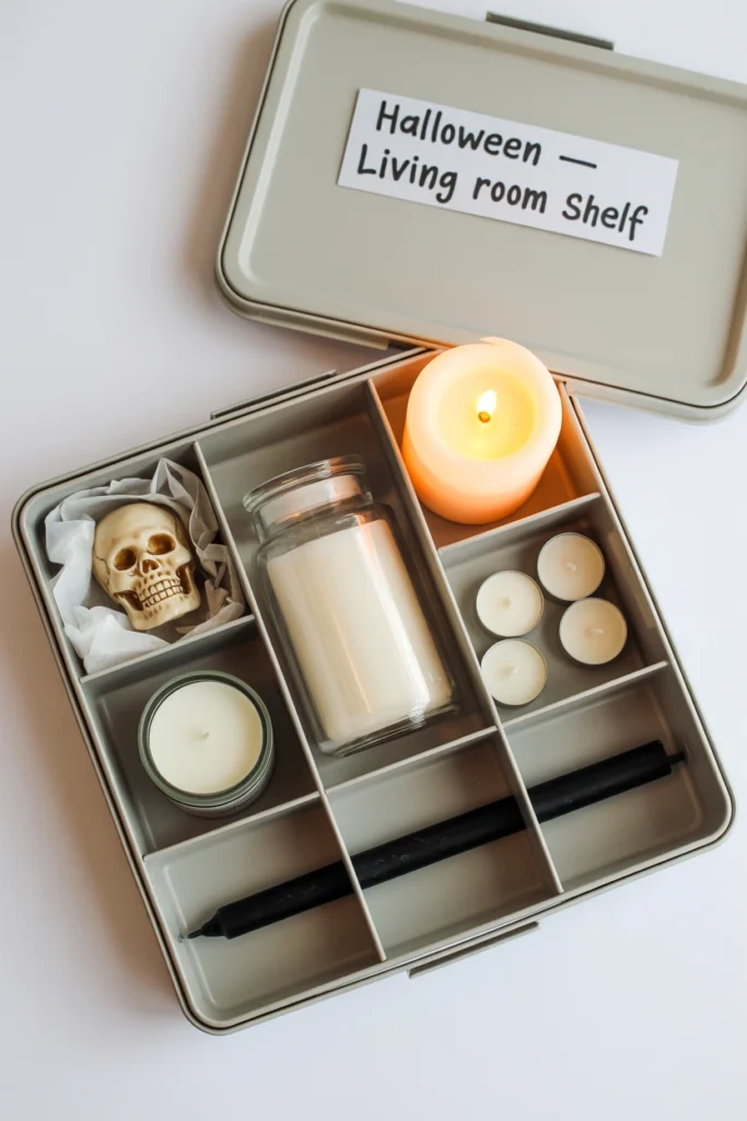 An open holiday compartment storage box with individual halloween decor items wrapped in tissue paper and organized in separate foam-divided cells