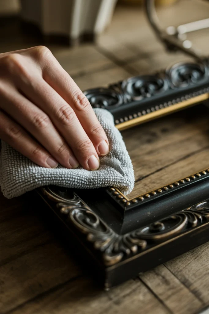 Soft brush being used to dust a carved wood picture frame