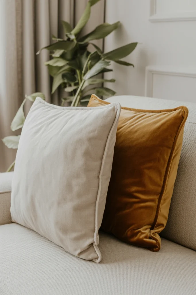 Two seasonal sets of throw pillow covers in a whimsical color palette