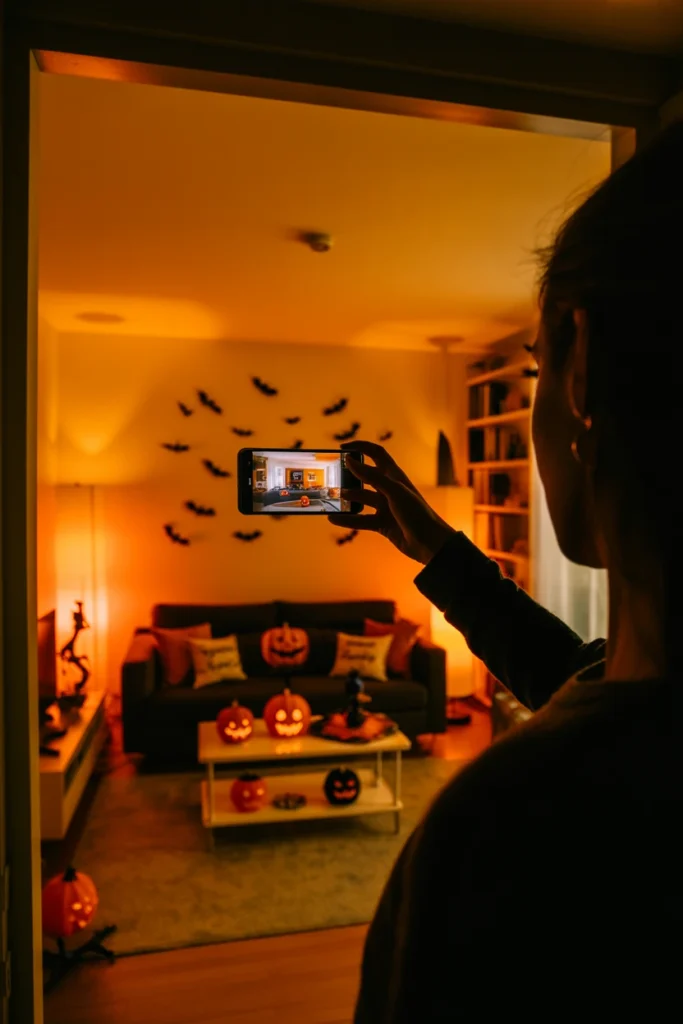 A person photographing their fully decorated halloween apartment living room with a smartphone from the doorway before dismantling