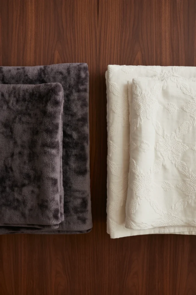  Seasonal gothic bedding swap between heavy velvet and lighter damask