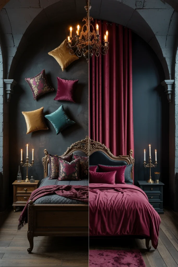 Gothic bedroom before and after a color balance reassessment