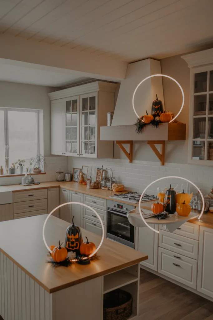 Kitchen counter, shelf, and table marked as focal points